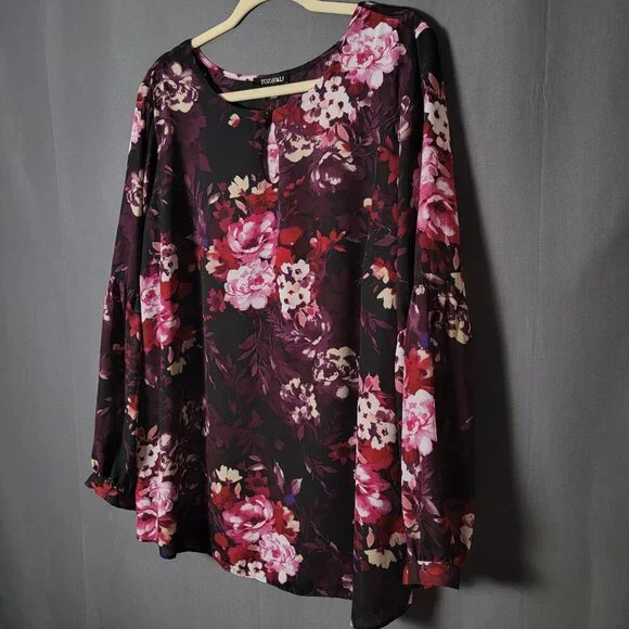 Roz & Ali Burgundy Floral Fairy Grunge Long Sleeve Cottagecore Work Top 2X - Picture 3 of 12